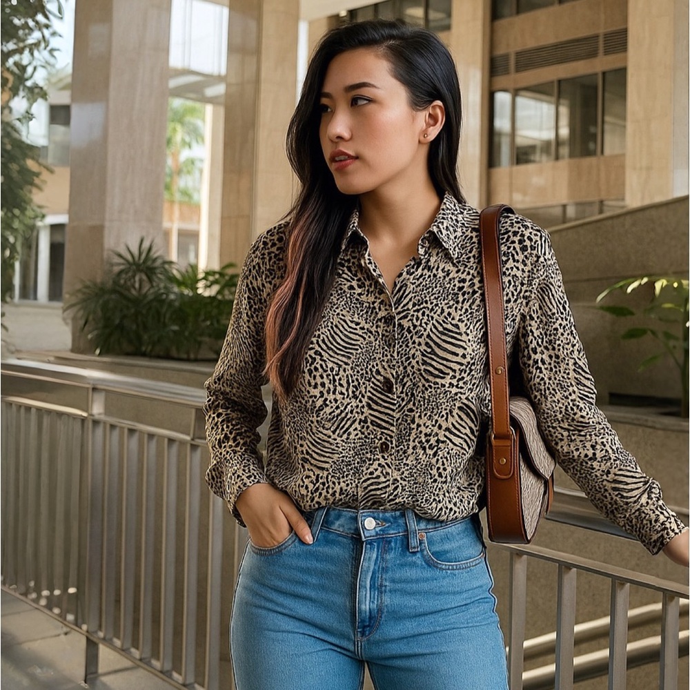 [m] KARA Blouse silk vintage animal print tiger button down